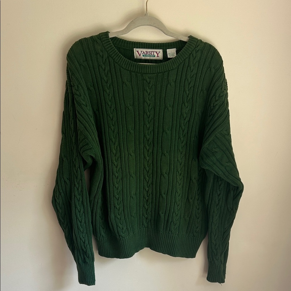 Vintage Cotton Forest Green Cable Knit Sweater Oversized